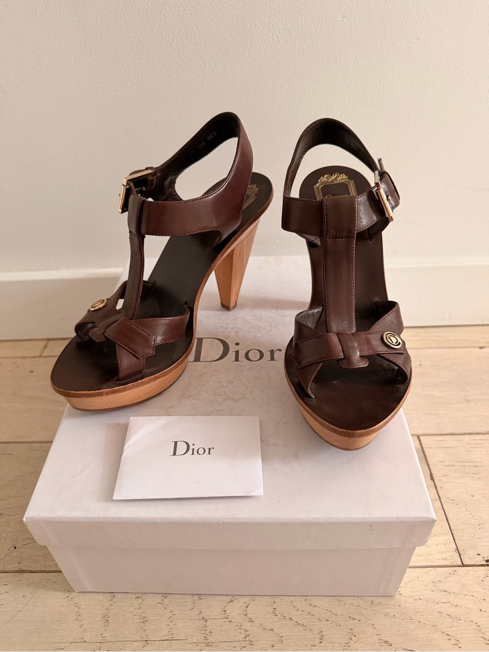 Dior Brown Leather T‑Strap Platform Heels with Gold Accents